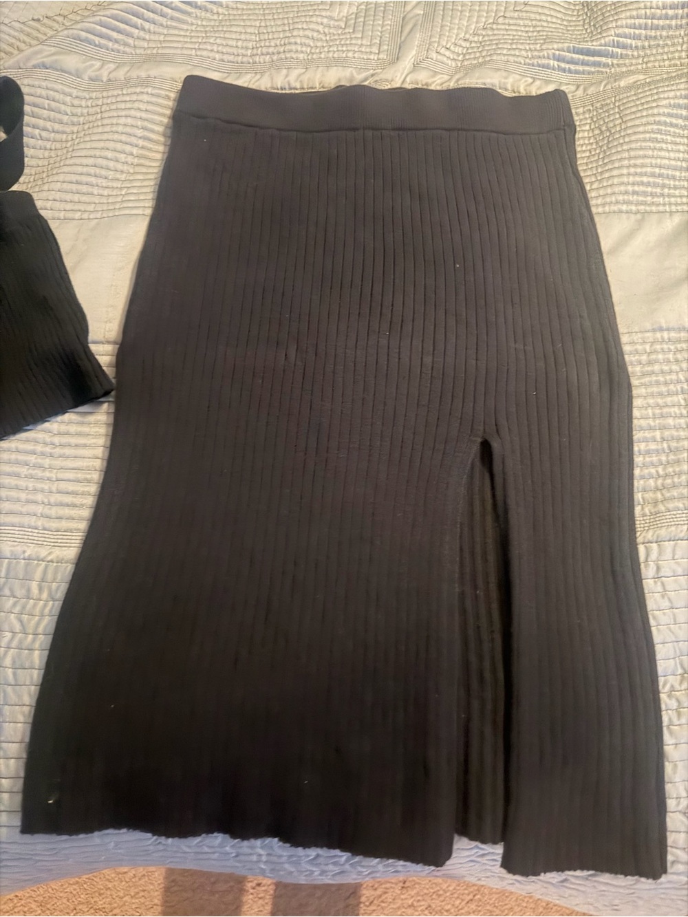 Ribbed Knit Midi Skirt with Front Slit - Black
